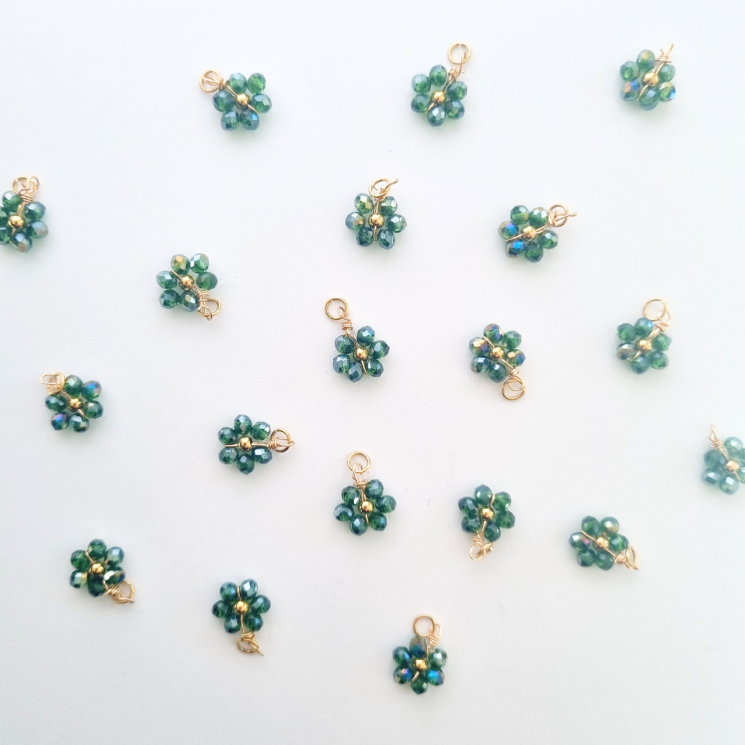 6pcs Beaded Flower Charms GREEN Jewellery and Craft Supplies Australia